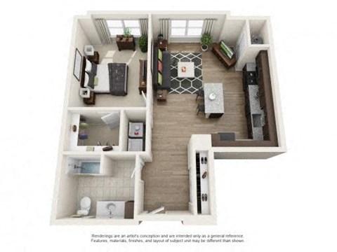 Floor plan for 1 bed, 1 bath, 829 sqft